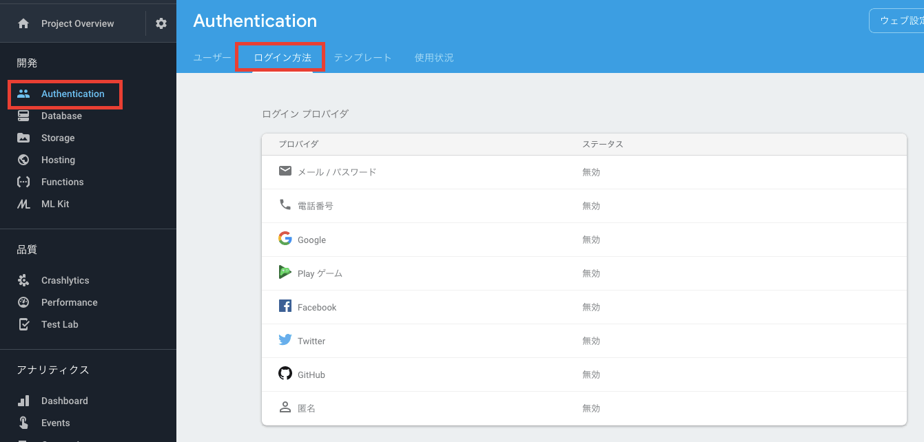 ログイン方法のタブをクリック